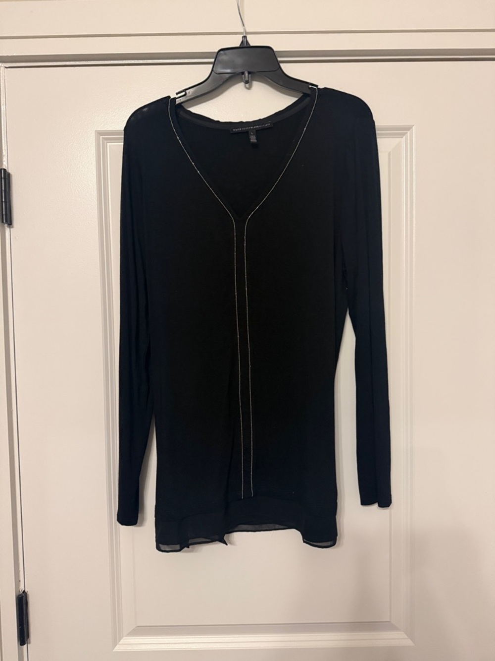 White House Black Market Black Long-Sleeve V-Neck Top with Chain Detail
